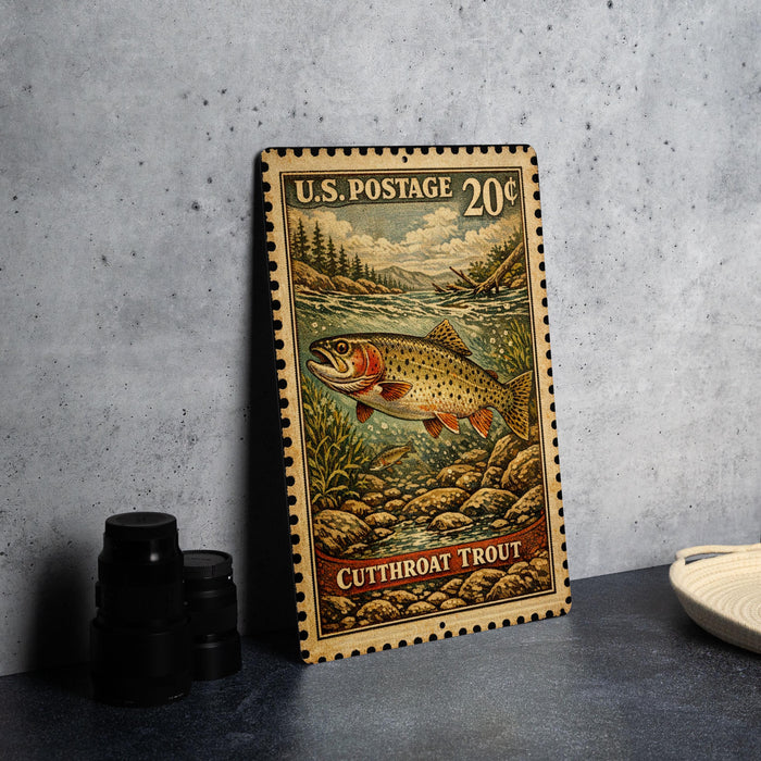 A U.S. postage stamp featuring a colorful illustration of a cutthroat trout, placed on a gray surface next to some black camera lenses.