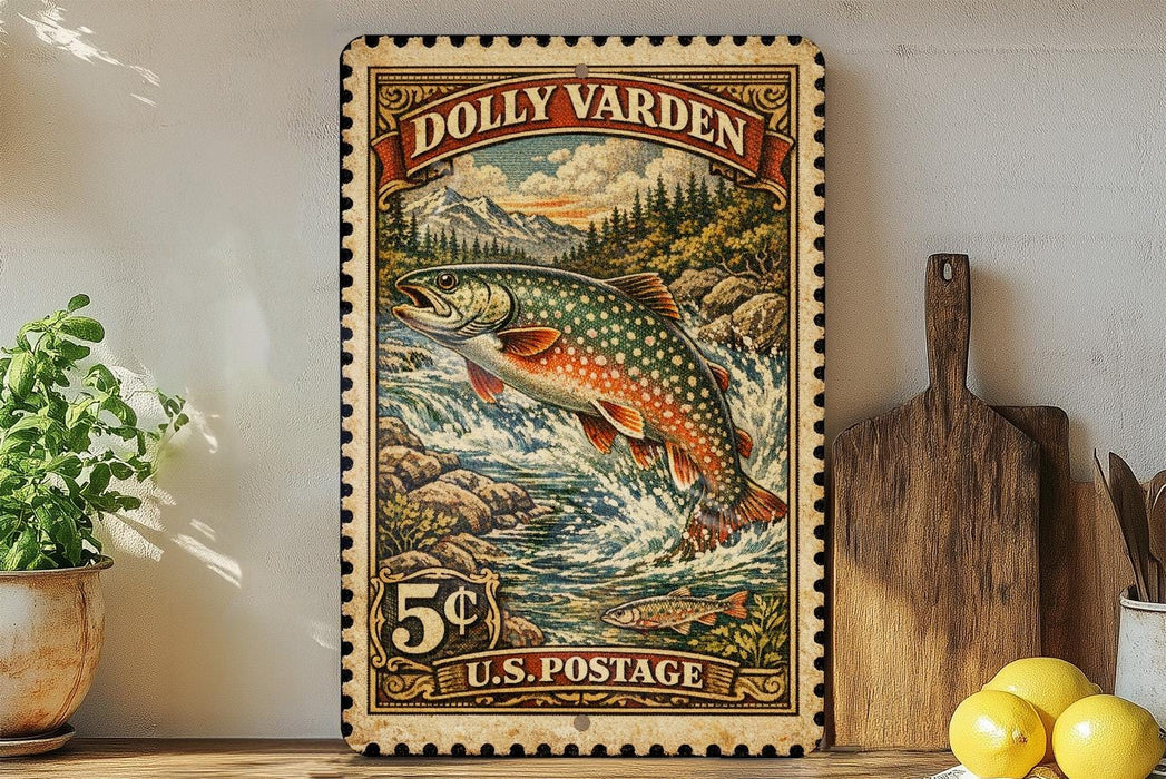 A vintage postage stamp featuring a fish, likely a trout, in a river setting, with mountains in the background. The stamp is displayed on a shelf next to a wooden cutting board and some lemons.