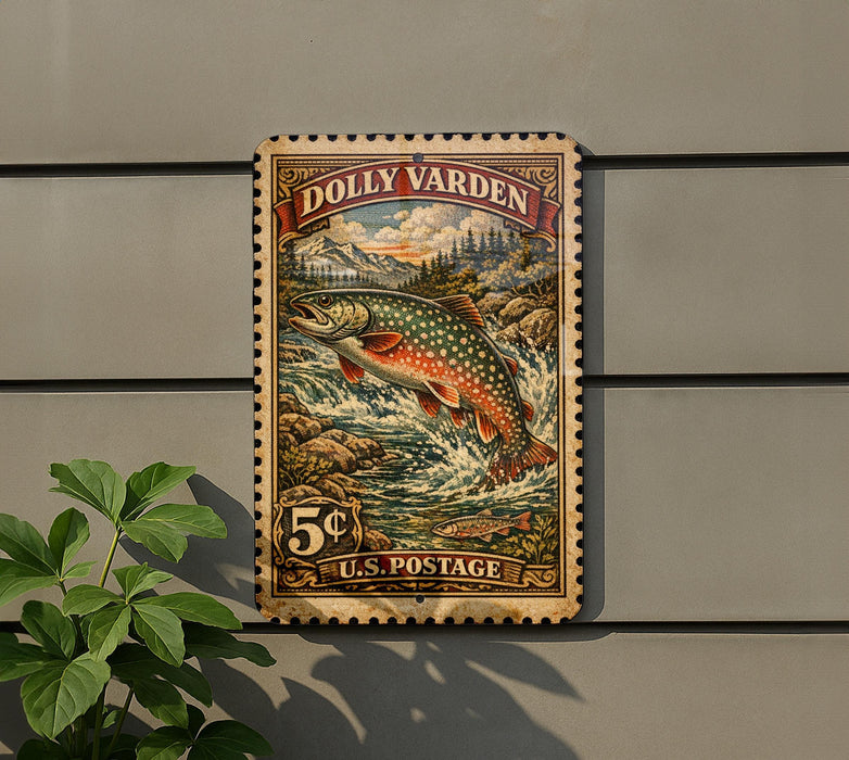 A vintage postage stamp featuring a fish jumping out of the water, with the text "Dolly Varden" and "U.S. Postage" printed on it.