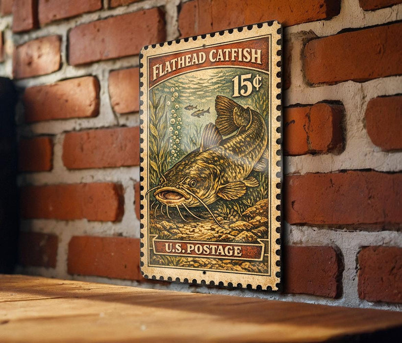 A vintage-style postage stamp featuring a catfish, mounted on a brick wall.