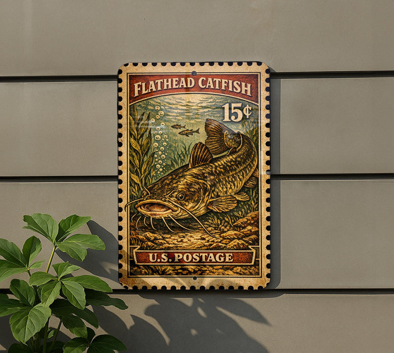 A vintage-style postage stamp featuring a large catfish, with the text "Flathead Catfish 15¢" and "U.S. Postage" printed on it.