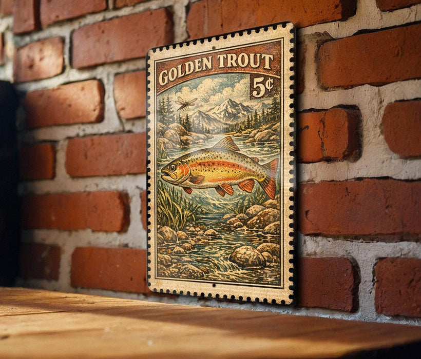 A vintage-style postage stamp featuring a golden trout, mounted on a brick wall.