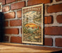 A vintage-style postage stamp featuring a golden trout, mounted on a brick wall.