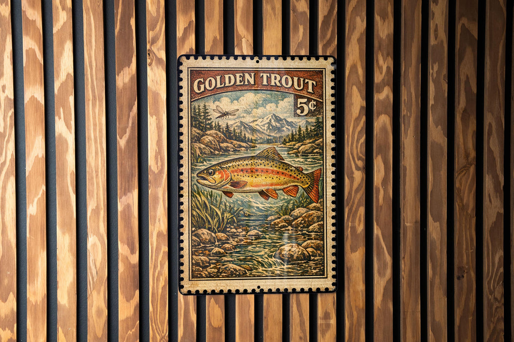 A framed image of a golden trout, a type of fish, is displayed on a wooden wall.