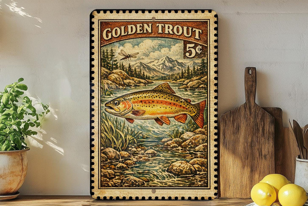 A framed vintage-style stamp depicting a golden trout, with a mountain landscape in the background.