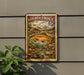 A vintage-style sign depicting a golden trout, with a mountain landscape in the background.