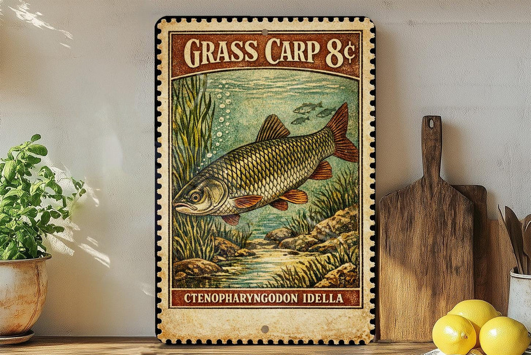 A vintage-style poster of a fish, likely a carp, is displayed on a wall next to a wooden cutting board and some kitchen utensils.
