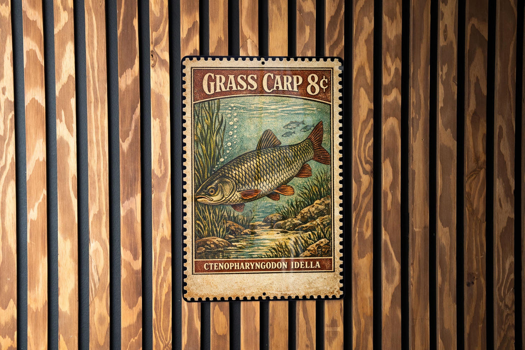 A vintage-style metal sign with a fish illustration and text, mounted on a wooden wall.