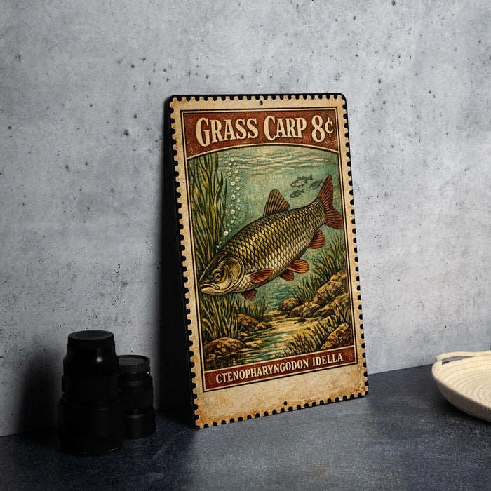 A vintage-style metal sign featuring a fish illustration and text, placed on a gray surface next to some black camera lenses.