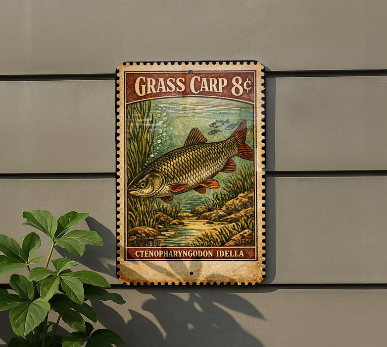 a vintage-style sign with a fish illustration, mounted on a wall next to a plant.