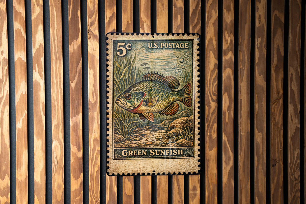 A U.S. postage stamp featuring a green sunfish is displayed on a wooden wall.
