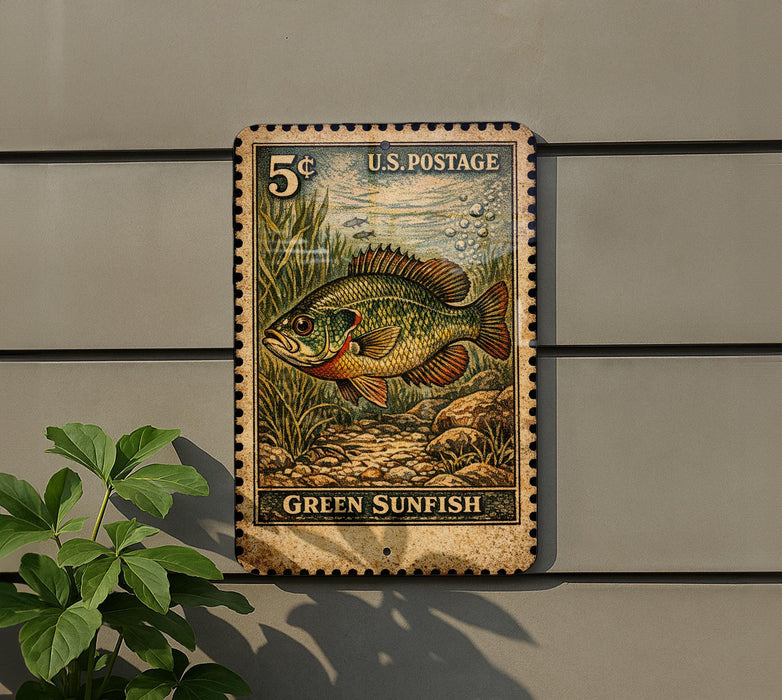 A vintage U.S. postage stamp featuring a green sunfish is displayed on a wall, with a plant to the left.