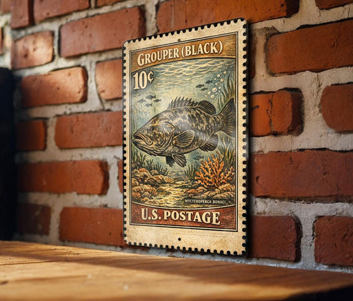 A vintage U.S. postage stamp featuring a fish illustration is displayed on a brick wall.