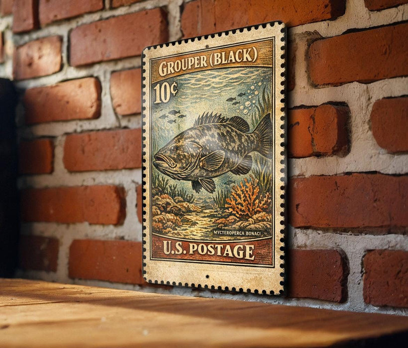 A vintage U.S. postage stamp featuring a fish illustration is displayed on a brick wall.