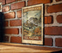 A vintage U.S. postage stamp featuring a fish illustration is displayed on a brick wall.
