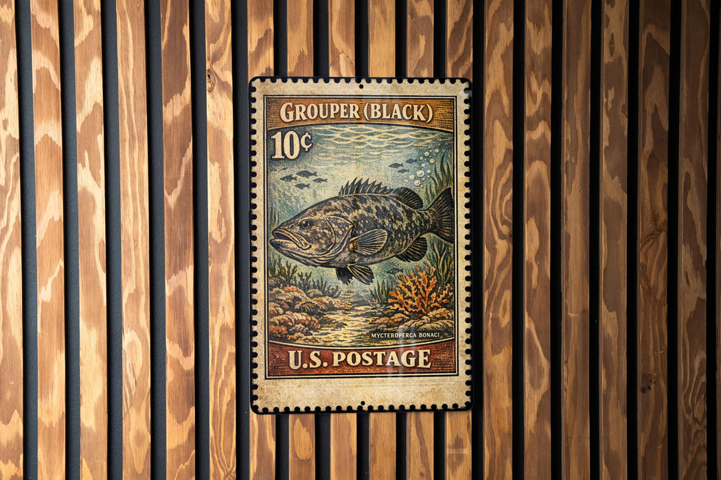 A U.S. postage stamp featuring a large fish, likely a grouper, against a wooden background.