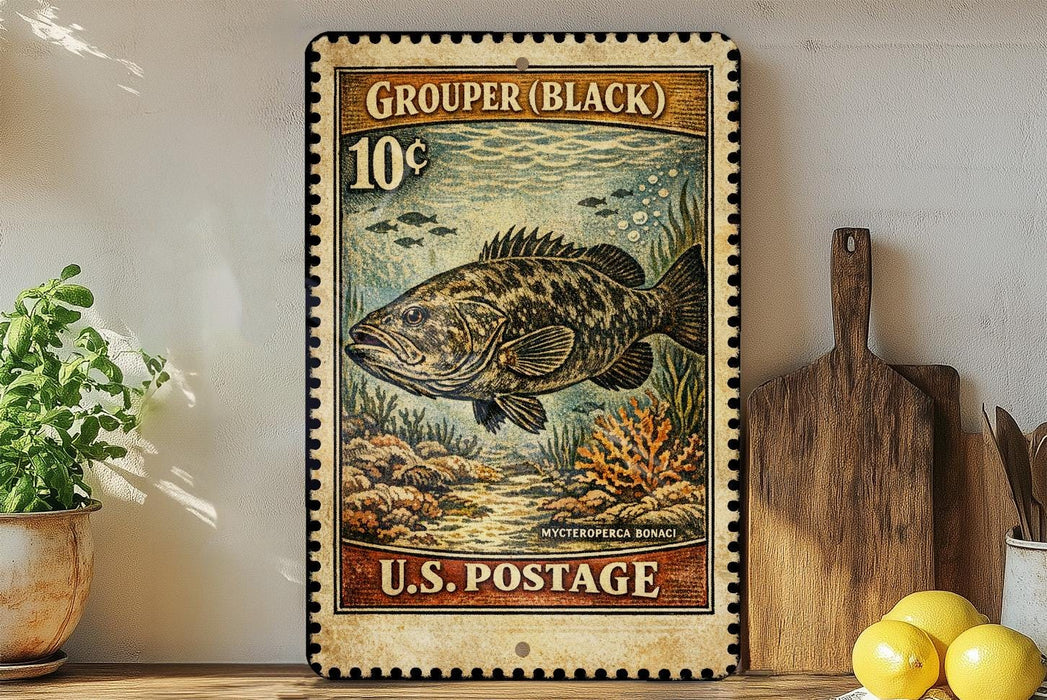 A vintage-style postage stamp featuring a large fish, placed on a wooden surface next to a wooden cutting board and some lemons.