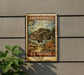 A vintage-style postage stamp featuring a large fish, hanging on a wall next to a plant.