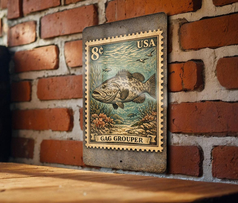A weathered, vintage-style postage stamp featuring a fish, mounted on a brick wall.