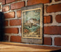 A weathered, vintage-style postage stamp featuring a fish, mounted on a brick wall.