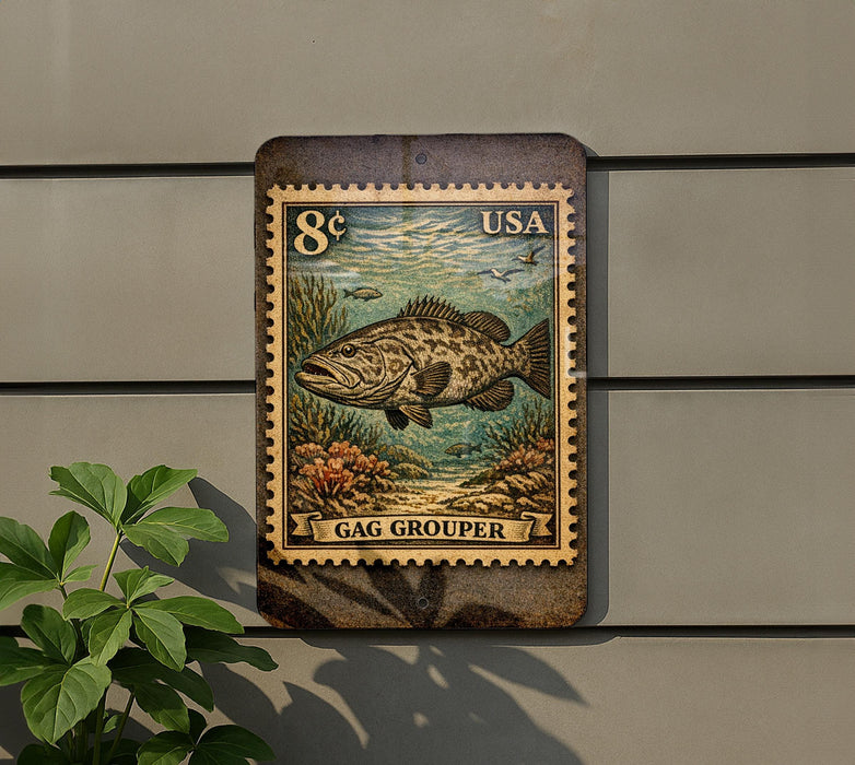 A postage stamp-like sign featuring a large fish, likely a gar, against a backdrop of underwater plants and coral.
