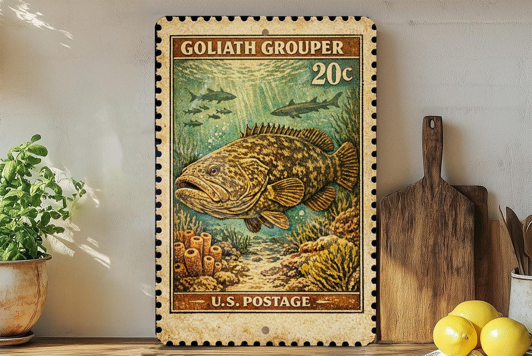 A vintage postage stamp featuring a large fish swimming in a coral reef, with the text "GOLIATH GROUPPER 20¢" and "U.S. POSTAGE" printed on it. The stamp is displayed on a shelf next to a wooden cutting board and a potted plant.