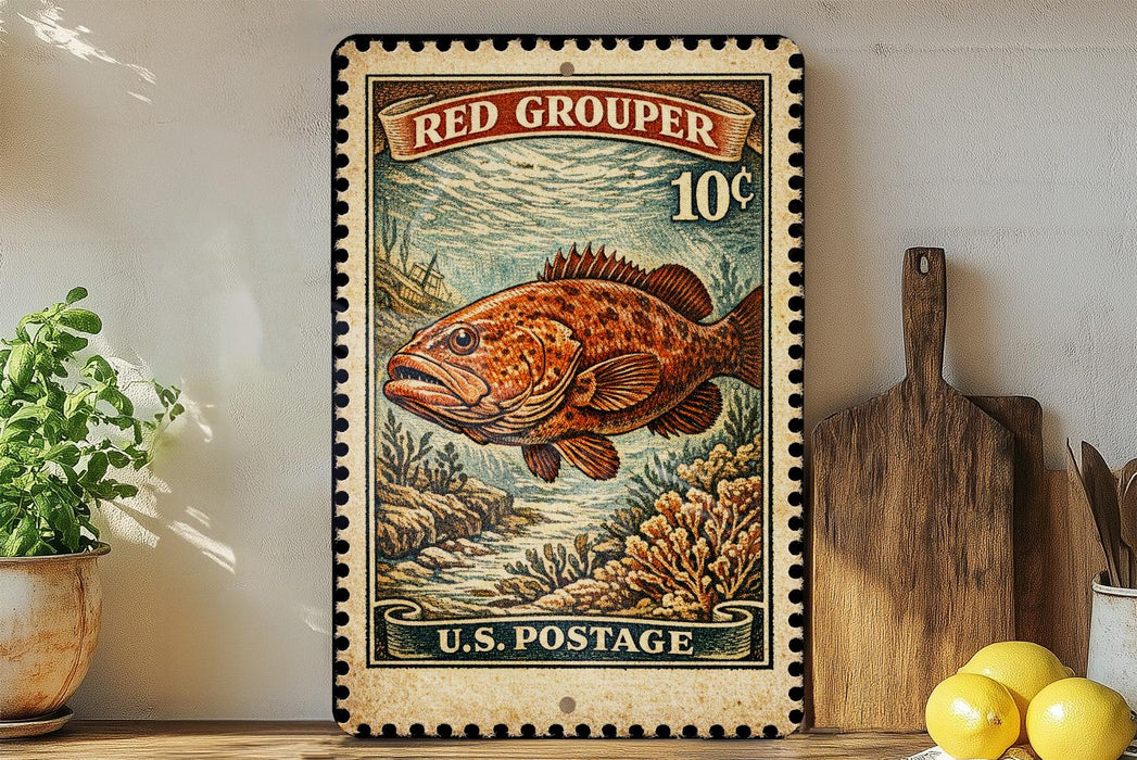 A vintage-style stamp depicting a red grouper fish, with the text "RED GROUPER 10¢" and "U.S. POSTAGE" printed on it. The stamp is displayed on a shelf next to a wooden cutting board and a potted plant.
