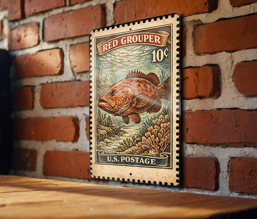 A vintage-style postage stamp featuring a large red grouper fish, mounted on a brick wall.