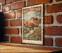 A vintage-style postage stamp featuring a large red grouper fish, mounted on a brick wall.