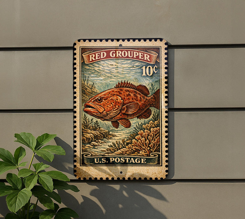 A vintage-style stamp depicting a large fish, likely a Red Grouper, with the text "RED GROUPER 10¢" and "U.S. POSTAGE" printed on it. The stamp is mounted on a gray wall, and there is a plant visible to the left of the stamp.