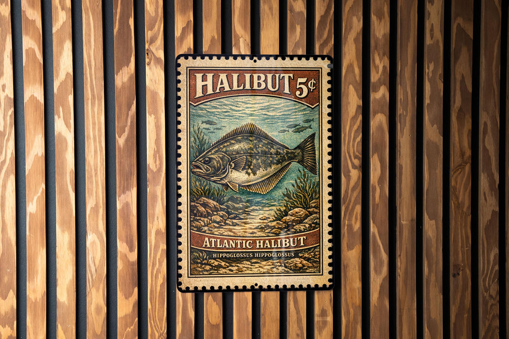 A framed image of a halibut fish, with the text "HALIBUT 5¢" and "ATLANTIC HALIBUT" printed on it, is displayed on a wooden wall.