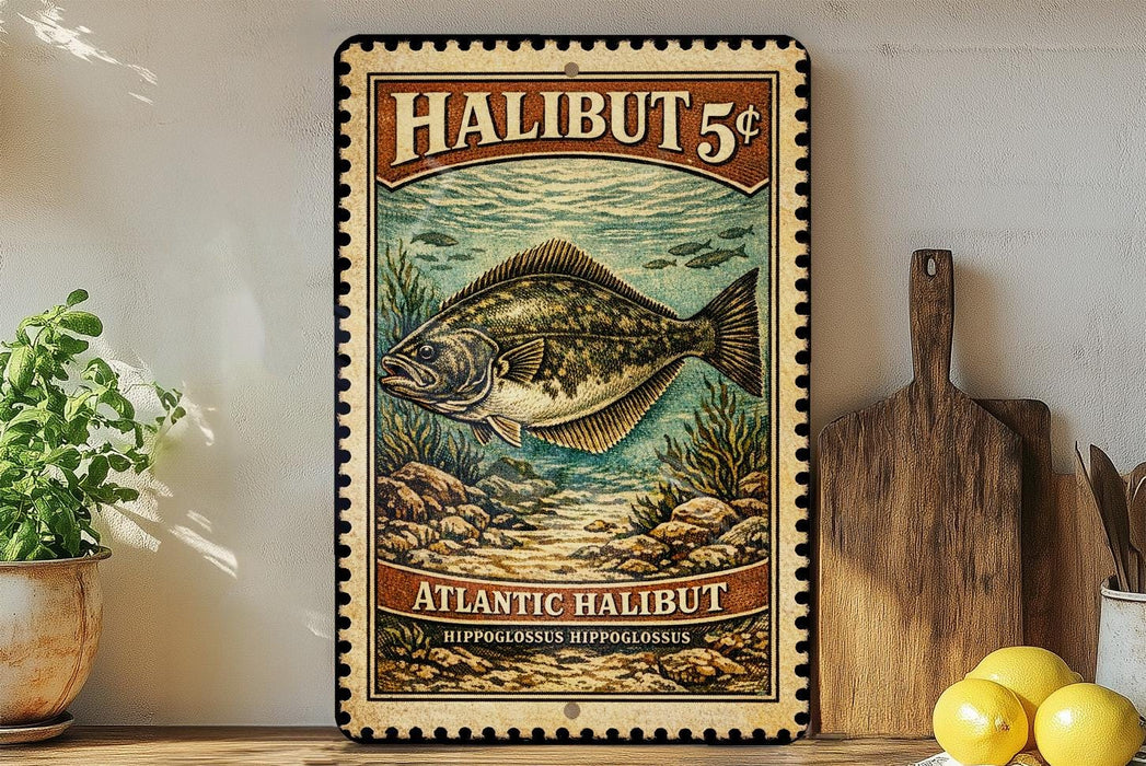 A vintage-style metal sign advertising "Atlantic Halibut" for 5 cents, featuring an illustration of a halibut fish swimming in the ocean.