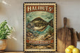 A vintage-style metal sign advertising "Atlantic Halibut" for 5 cents, featuring an illustration of a halibut fish swimming in the ocean.