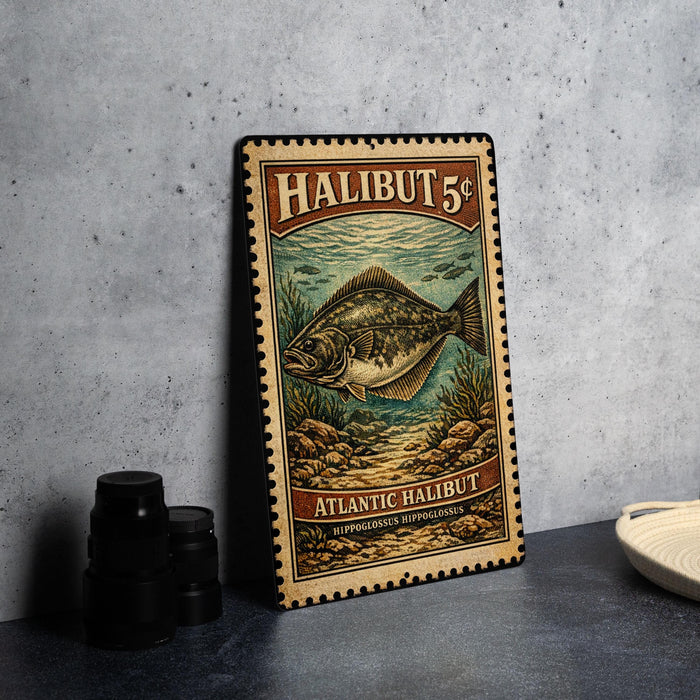 A metal sign with a vintage-style illustration of a halibut fish, placed on a gray countertop next to some black camera lenses.