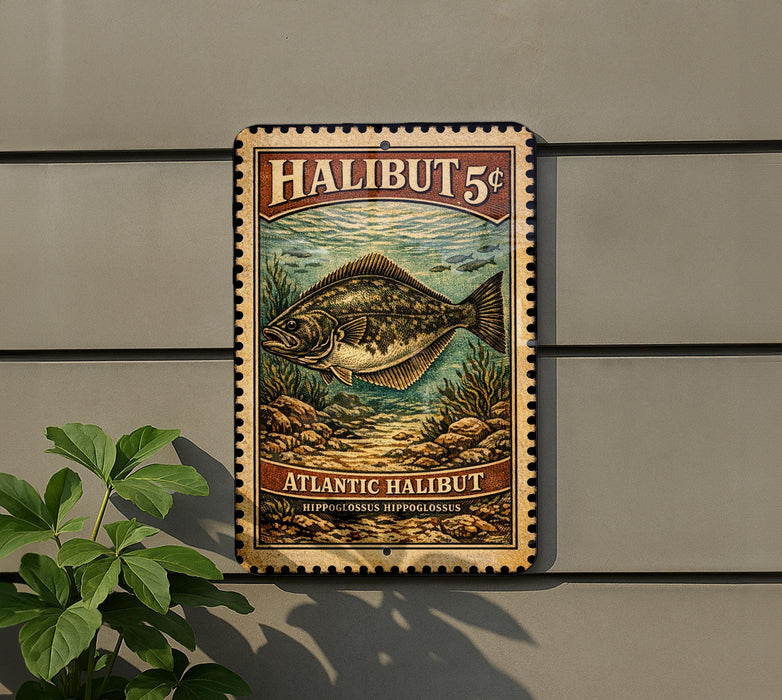 A metal sign with a fish illustration and text, mounted on a wall next to a plant.
