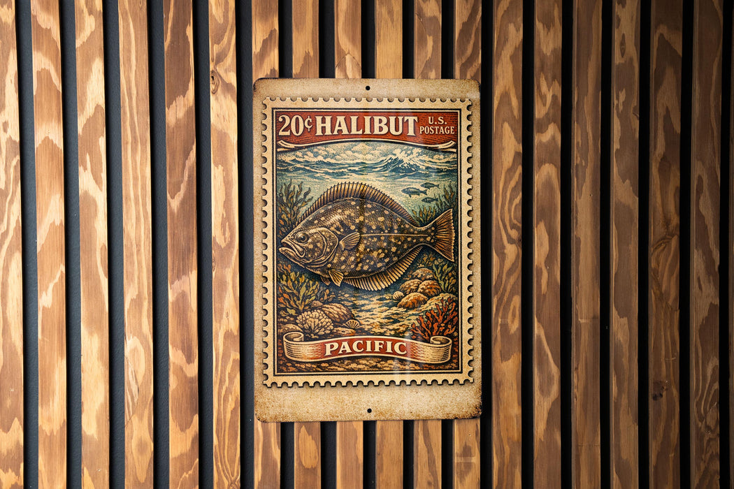 A metal stamp with a colorful illustration of a fish, placed on a wooden wall.