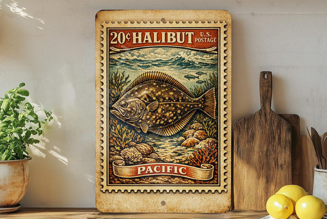 A framed vintage postage stamp depicting a halibut fish, with the text "20¢ HALIBUT US POSTAGE PACIFIC" printed on it. The stamp is displayed on a shelf next to a wooden cutting board and a potted plant.