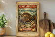 A framed vintage postage stamp depicting a halibut fish, with the text "20¢ HALIBUT US POSTAGE PACIFIC" printed on it. The stamp is displayed on a shelf next to a wooden cutting board and a potted plant.