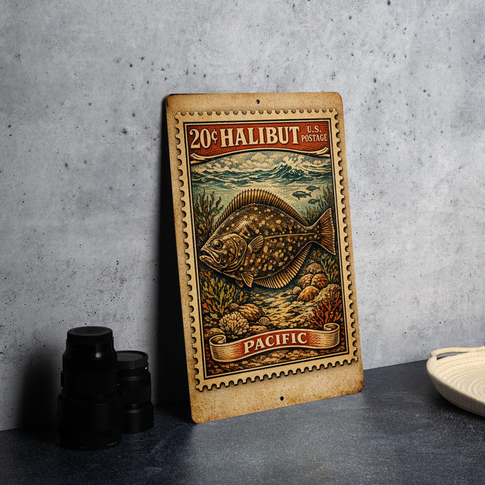A framed print of a halibut fish, with the text "20¢ HALIBUT U.S. MARINE" printed on it, is displayed on a table next to some black camera lenses.