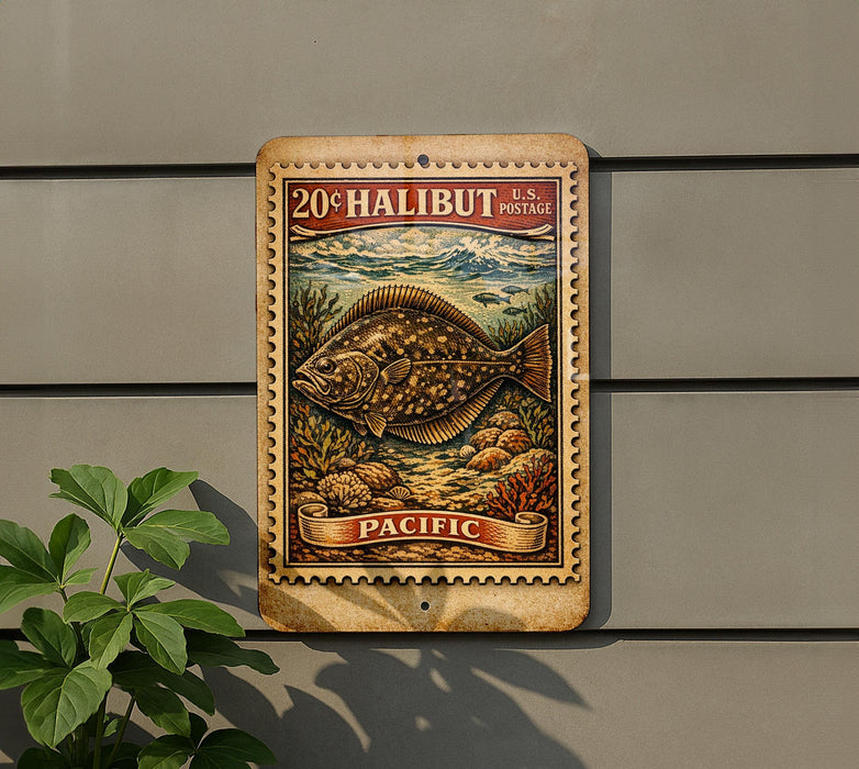 a framed stamp-like artwork depicting a halibut fish, with the text "20¢ HALIBUT U.S. POSTAGE PACIFIC" printed on it.
