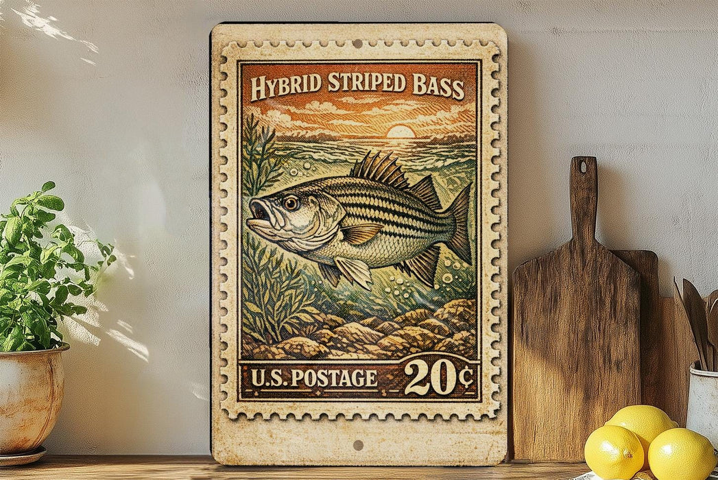 A vintage-style postage stamp featuring a striped bass, placed on a wooden surface next to a wooden cutting board and some lemons.