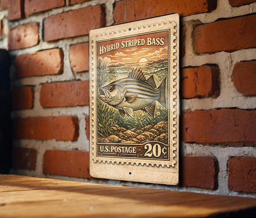 A vintage-style U.S. postage stamp featuring a striped bass is displayed on a brick wall.