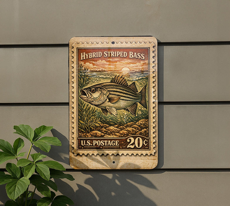 A metal sign with a stamp design depicting a striped bass, mounted on a wall next to a plant.