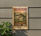 A metal sign with a stamp design depicting a striped bass, mounted on a wall next to a plant.