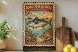 A vintage-style postage stamp featuring a kingfisher fish, with a colorful illustration of underwater scenery and a ship in the background. The stamp is displayed on a wall, surrounded by various kitchen items such as a cutting board, a lemon, and a potted plant.