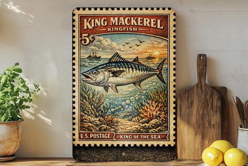 A vintage-style postage stamp featuring a kingfisher fish, with a colorful illustration of underwater scenery and a ship in the background. The stamp is displayed on a wall, surrounded by various kitchen items such as a cutting board, a lemon, and a potted plant.