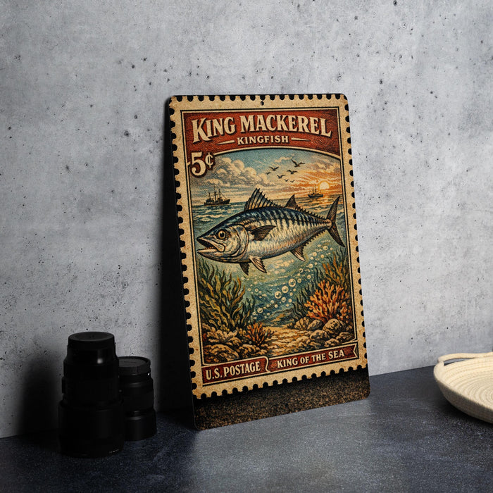 A vintage-style stamp featuring a large king mackerel fish, with text indicating it is a "King Mackerel Kingfish" and is "U.S. Postage - KING OF THE SEA".