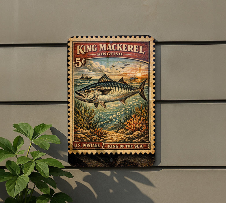 A vintage-style metal sign featuring a King Mackerel fish, mounted on a wall next to a plant.