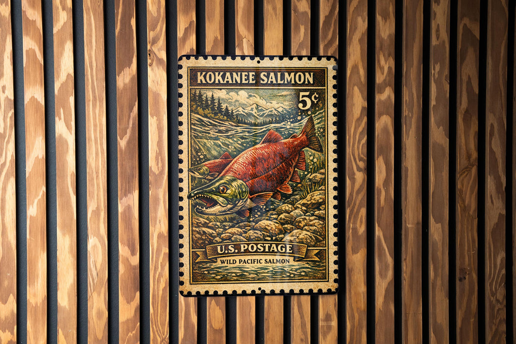 A U.S. postage stamp featuring a red salmon in a natural setting, mounted on a wooden wall.