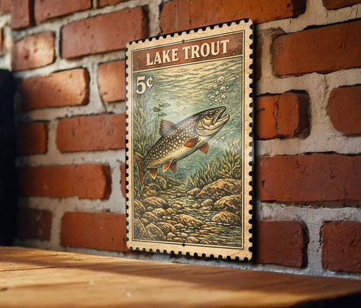 A vintage-style stamp depicting a lake trout is displayed on a brick wall.